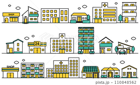病院や大学が近くにある街並みのシンプルな線画のイラストセットB 110848562