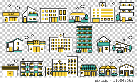病院や大学が近くにある街並みのシンプルな線画のイラストセットB 110848562