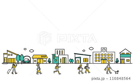 学校や低層住居が多い地域の街並みのシンプルな線画のイラストB（人物） 110848564
