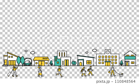 学校や低層住居が多い地域の街並みのシンプルな線画のイラストB（人物） 110848564