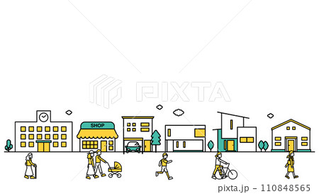 学校や低層住居が多い地域の街並みのシンプルな線画のイラストC（人物） 110848565