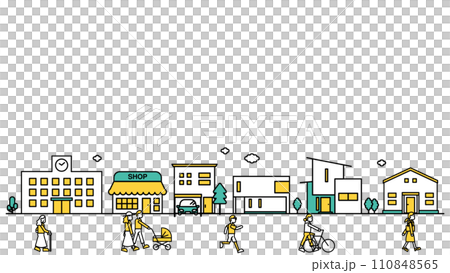 学校や低層住居が多い地域の街並みのシンプルな線画のイラストC（人物） 110848565