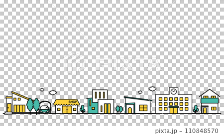 插圖 B 是一個擁有許多學校和低層住宅的地區的城市景觀的簡單線條圖 110848570