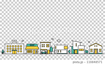 学校や低層住居が多い地域の街並みのシンプルな線画のイラストC 110848571