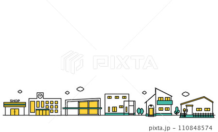 学校や低層住居が多い地域の街並みのシンプルな線画のイラストF 110848574