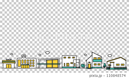 学校や低層住居が多い地域の街並みのシンプルな線画のイラストF 110848574