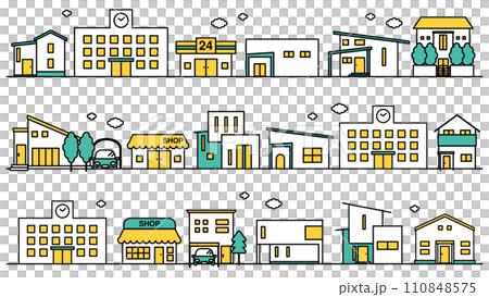 學校和低層住宅較多地區的城市景觀簡單線條圖插圖集 A 110848575