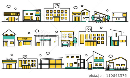 学校や低層住居が多い地域の街並みのシンプルな線画のイラストセットB 110848576
