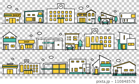 学校や低層住居が多い地域の街並みのシンプルな線画のイラストセットB 110848576