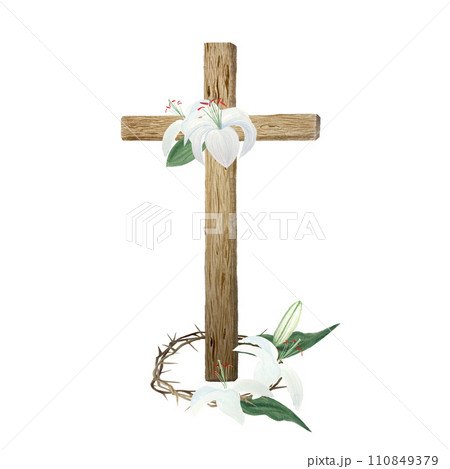Watercolor wooden cross crown of thorns and lilies for Easter, holy Thursday, religious illustration isolated on white 110849379