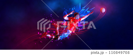 Dynamic image of young man, handball player in motion, training on gradient background with polygonal and fluid neon elements. Dynamic image of young man, handball player in motion, training on gradient background with polygonal and fluid neon elements. 110849708