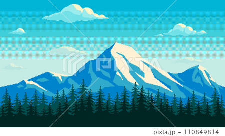 Pixel art mountains seamless background. Landscape with mountain peaks, clouds and forest for game or application. Vector cartoon backdrop. 110849814