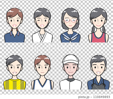 Icon set of men and women of junior high school and high school students wearing uniforms for club activities and club activities Icon set of men and women of junior high school and high school students wearing uniforms for club activities and club activities 110849893