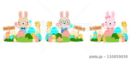 Easter bunny rabbits with baby chicks and Easter eggs, Welcome spring season Easter bunny rabbits with baby chicks and Easter eggs, Welcome spring season 110850030