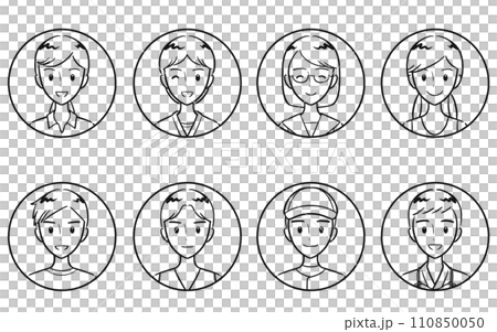 國中和高中男孩和女孩穿著校服參加俱樂部活動、圓形圖標集、線條畫 國中和高中男孩和女孩穿著校服參加俱樂部活動、圓形圖標集、線條畫 110850050