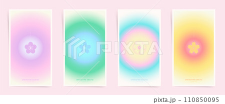 Set of spring backgrounds with circular gradient modern design. Vertical minimalist gradient story posts with text for covers, placards. Holographic aesthetic colorful spring sale creatives. 110850095
