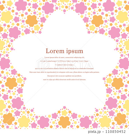 3色の桜シルエットで埋め尽くされた桜形フレームのイラスト（ピンク・オレンジ・黄色） 110850452