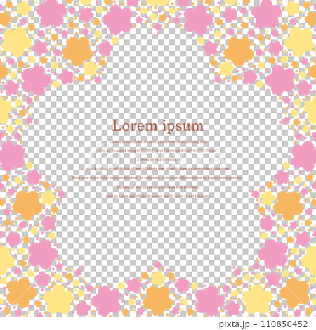 3色の桜シルエットで埋め尽くされた桜形フレームのイラスト（ピンク・オレンジ・黄色） 110850452