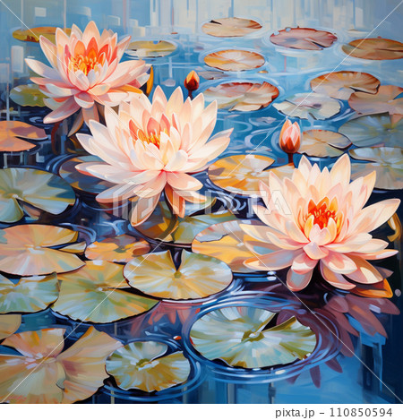 睡蓮（キャンバスに油彩） 水面に浮かぶ睡蓮 油彩画 大判