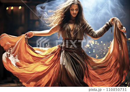 Contemplative Transgender Woman with Light Facial Hair and Long Black Hair Performing a Veil Dance Contemplative Transgender Woman with Light Facial Hair and Long Black Hair Performing a Veil Dance 110850731