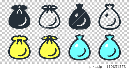 黒いポリ袋のゴミ、黄色と青の掃除で集めたごみ袋、かわいいアイコンのベクターイラスト素材 黒いポリ袋のゴミ、黄色と青の掃除で集めたごみ袋、かわいいアイコンのベクターイラスト素材 110851378