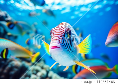 Tropical sea underwater fishes on coral reef. Aquarium oceanarium wildlife colorful marine panorama landscape nature snorkeling diving 110851483