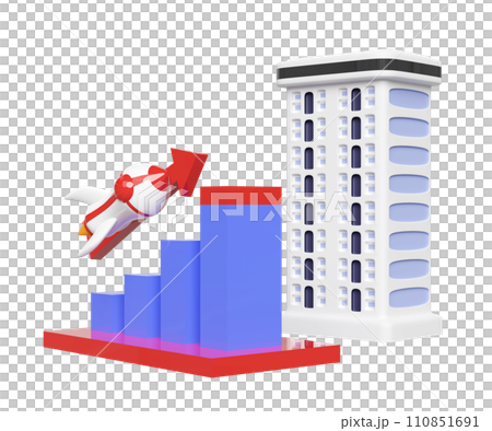 3d charts graph with rocket, arrow, condominium building, analysis business financial data. business strategy concept, 3d render illustration 110851691