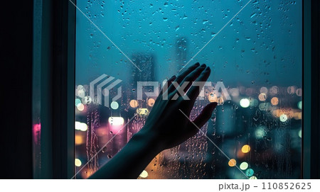 AI-generated content. hand touches the window The night view of the city on a rainy night hotel room Generative AI 110852625