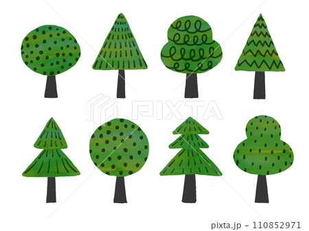 水彩のテクスチャを使った緑の木のゆるいイラストセット 110852971