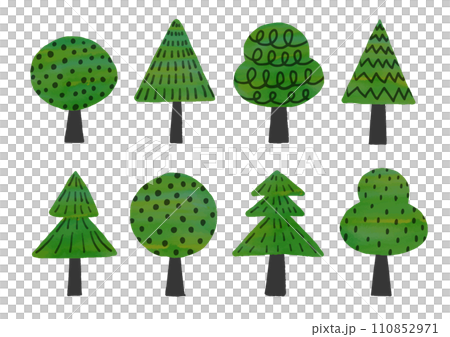 水彩のテクスチャを使った緑の木のゆるいイラストセット 110852971