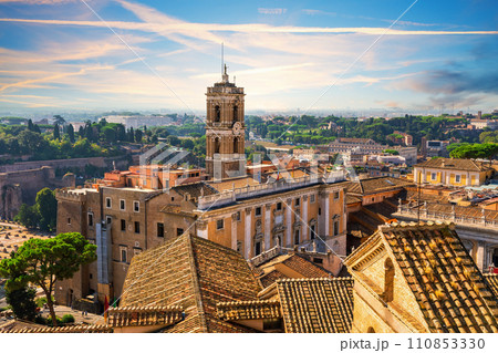 Senate Palace with a temple, famous medieval landmark on the Capitoline Hill of Rome, Italy Senate Palace with a temple, famous medieval landmark on the Capitoline Hill of Rome, Italy 110853330