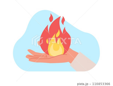 Prometheus hand with fire in palm of his hand. Human arm with red flame. Give bonfire. Biblical story, religion myth. Greek mythology. Sticker, logo or emblem. Cartoon flat vector concept 110853366
