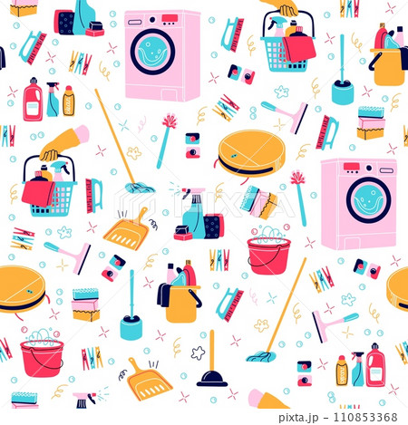 Seamless pattern with cleaning tools. Household equipment. Detergent bottles and washing machine. Vacuum cleaner. Decor textile, wrapping paper, wallpaper design. Vector concept Seamless pattern with cleaning tools. Household equipment. Detergent bottles and washing machine. Vacuum cleaner. Decor textile, wrapping paper, wallpaper design. Vector concept 110853368