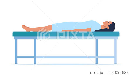 Patient lying on medical gurney. Hospital medical treatment. Patient waiting for doctor's examination. Vector illustration. Patient lying on medical gurney. Hospital medical treatment. Patient waiting for doctor's examination. Vector illustration. 110853688