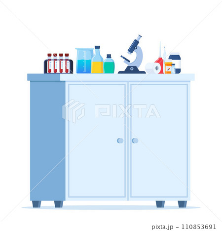 Medicine chest with medical flask, jars, test tubes, pills, microscope. Medical equipment. Hospital furniture element. Vector illustration. Medicine chest with medical flask, jars, test tubes, pills, microscope. Medical equipment. Hospital furniture element. Vector illustration. 110853691