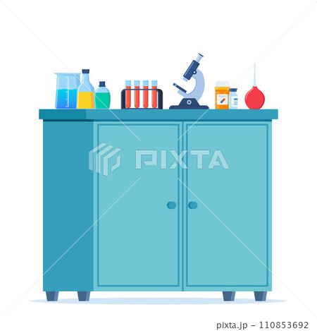 Medicine chest with medical flask, jars, test tubes, pills, microscope. Medical equipment. Hospital furniture element. Vector illustration. Medicine chest with medical flask, jars, test tubes, pills, microscope. Medical equipment. Hospital furniture element. Vector illustration. 110853692