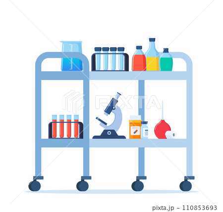 Medical trolley with medical flask, jars, test tubes, pills. Medical equipment. Vector illustration. Medical trolley with medical flask, jars, test tubes, pills. Medical equipment. Vector illustration. 110853693