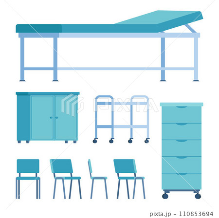 Hospital furniture elements. Doctors office interior elements. Medical couch, chair, bedside table, cart. Vector illustration. 110853694