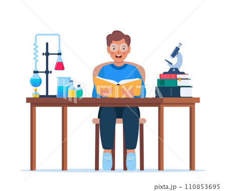 Little kid studying chemistry. Chemist's workplace with books and laboratory equipment. Research and exploration. Studies in chemistry. Vector illustration. 110853695
