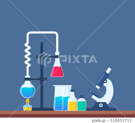 Chemical Laboratory with different glass flasks, vials, test-tubes with substance and reagents. Lab research, testing, studies in chemistry, physics, biology. Banner, poster. Vector illustration. 110853711