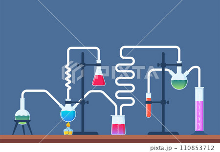 Chemical Laboratory with different glass flasks, vials, test-tubes with substance and reagents. Lab research, testing, studies in chemistry, physics, biology. Banner, poster. Vector illustration. Chemical Laboratory with different glass flasks, vials, test-tubes with substance and reagents. Lab research, testing, studies in chemistry, physics, biology. Banner, poster. Vector illustration. 110853712