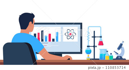 Scientist in chemistry laboratory working on research and exploration. Computer, lab glassware with substance. Lab research, testing, studies in chemistry. Vector illustration. 110853714