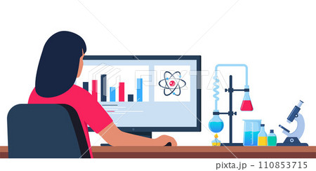 Scientist in chemistry laboratory working on research and exploration. Computer, lab glassware with substance. Lab research, testing, studies in chemistry. Vector illustration. 110853715