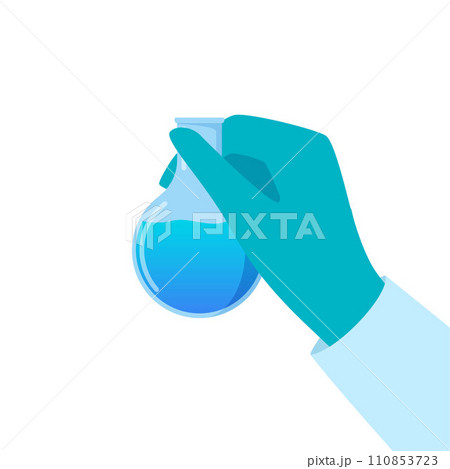 Chemical flask in hand. Gloved hand holding a flask. Liquid in vial. Concept of vaccine, chemical experiments, medical research, science achievement. Vector illustration. Chemical flask in hand. Gloved hand holding a flask. Liquid in vial. Concept of vaccine, chemical experiments, medical research, science achievement. Vector illustration. 110853723
