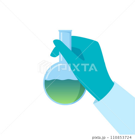 Chemical flask in hand. Gloved hand holding a flask. Liquid in vial. Concept of vaccine, chemical experiments, medical research, science achievement. Vector illustration. 110853724