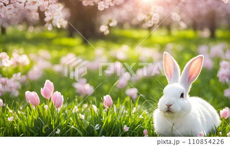 Easter enchantment: Rabbit in a spring blossom field 110854226