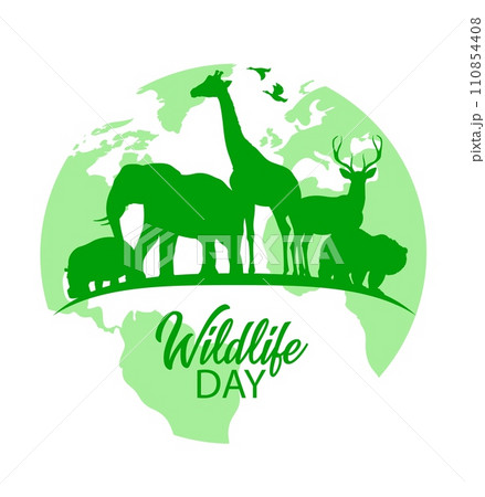 Wildlife day vector poster, wild animals green silhouettes on Earth globe. Biological diversity hippo, bear, giraffe and elephant with deer and ducks forest and african animals planet fauna holiday Wildlife day vector poster, wild animals green silhouettes on Earth globe. Biological diversity hippo, bear, giraffe and elephant with deer and ducks forest and african animals planet fauna holiday 110854408