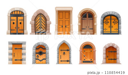 Cartoon Medieval castle gates, wooden doors and arch entrance, vector old doorway. Ancient dungeon doors or vintage house gates, antique architecture of closed gateway with wooden door and iron gate 110854419