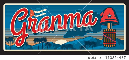 Granma, Cuban region plate, vintage travel plaque and sticker with vector flag and coat of arms Phrygian cap, mountain landscape, mariposa sign and sunset or sunrise 110854427