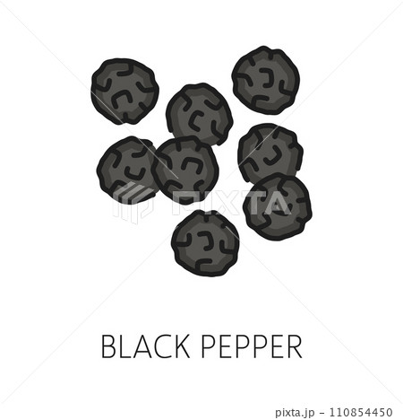 Pile of black peppercorns food seasoning condiment, isolated black pepper seeds outline icon. Vector natural cooking condiment, spicy black pepper seeds Pile of black peppercorns food seasoning condiment, isolated black pepper seeds outline icon. Vector natural cooking condiment, spicy black pepper seeds 110854450
